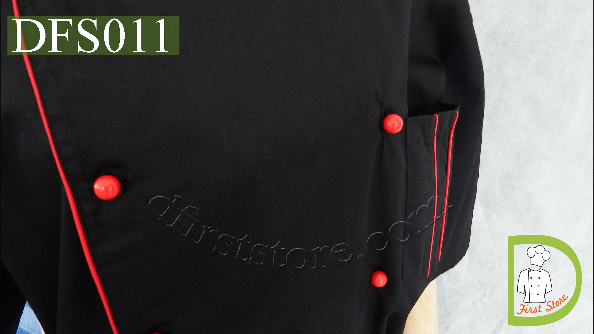 DFS011 Chef Uniform ชุดเชฟสากล (black with red piping and red buttons, สีดำ)