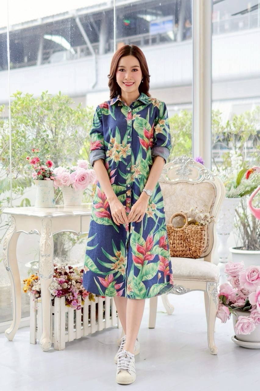 ชุดยีนส์ #8501-5 เดรสยีนส์พิมพ์ลายดอกไม้สวยหรู ผ้ายีนส์แท้เนื้อนิ่มแบบสวย ใส่สบายใส่ได้หลายโอกาส