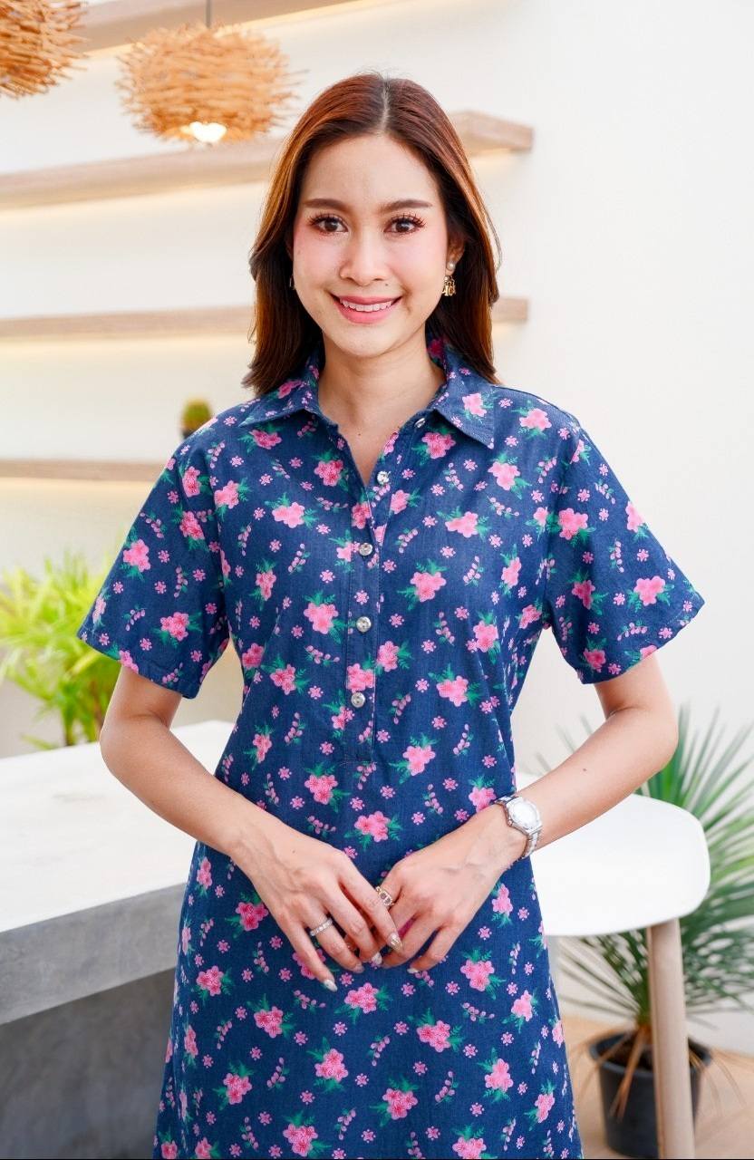 ชุดยีนส์ #8773 เดรสยีนส์พิมพ์ลายสวยหรูท้้งตัว ผ้ายีนส์แท้เนื้อนิ่มแบบสวย ใส่สบายส่ได้หลายโอกาส