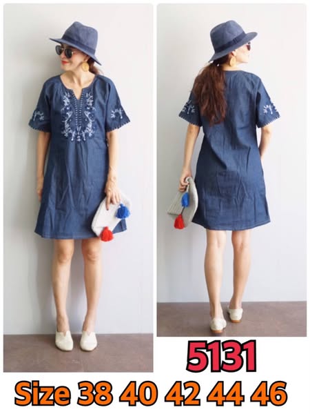 เดรสยีนส์ #5131 ชุดยีนส์ปักลายสวยหรู ผ้านิ่มเนื้อดีแบบสวย ใส่ได้หลายโอกาส