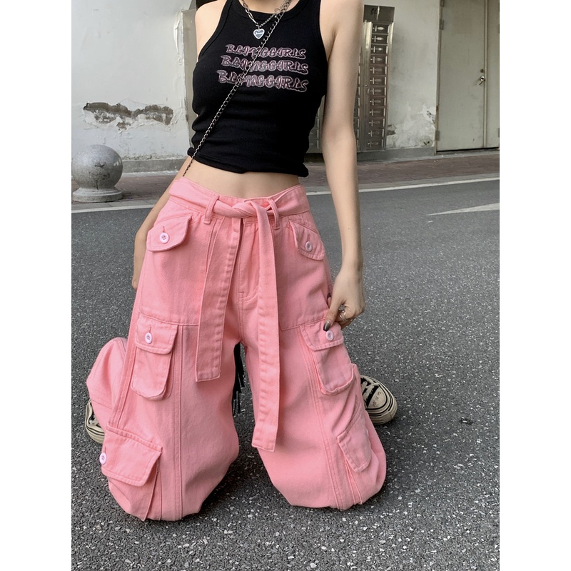 เสื้อผ้าแฟชั่นผู้หญิง กางเกง ลำลองวินเทจสีชมพู อเมริกัน เอวสูง คาร์โก้ หลายกระเป๋า bella 004