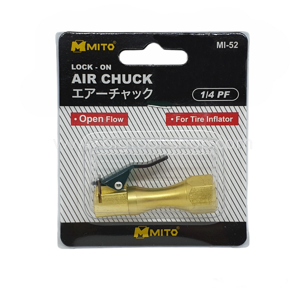 MITO : หัวเติมลม แบบสั้น มีล็อค เกลียวในขนาด 1/4" PF ทรงยาว ชนิดลมผ่าน (MI-52)