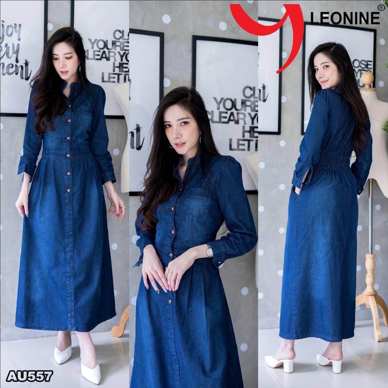 แม๊กซี่เดรส #AU557 สวยหรูมาก (มีไซส์ อก36"38"40"42"44"46"48"50") มีสม็อคเอวด้านหลัง กระดุมหน้า กระโปรงมีกระเป๋า สวยมากงานจริงยีนส์แท้ผ้ายีนส์นิ่มเนื้อดีไม่หด