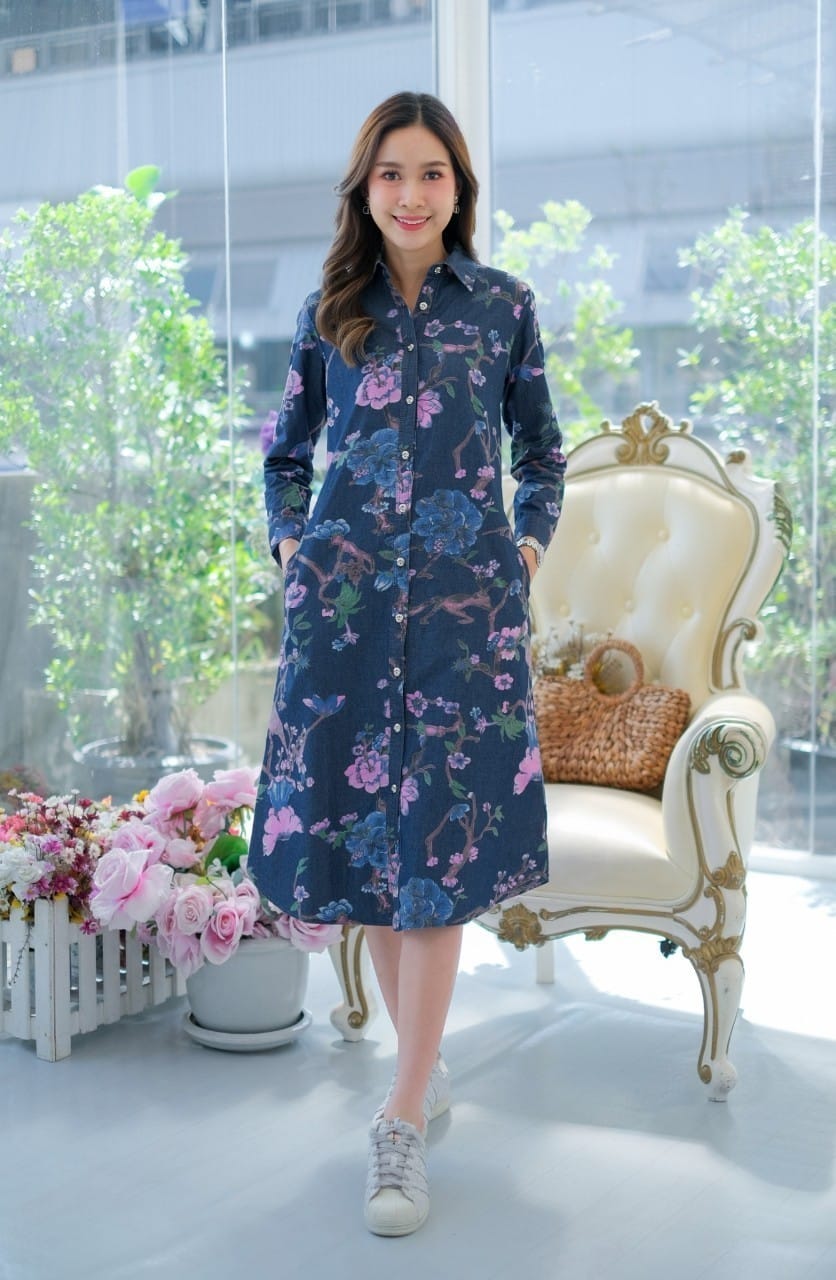 ชุดยีนส์ #8608 เดรสยีนส์แบบสวยพิมพ์ลายดอกไม้สวยหรู ผ้ายีนส์เนื้อนิ่มไม่หนา ใส่สบาย สินค้าขายดี