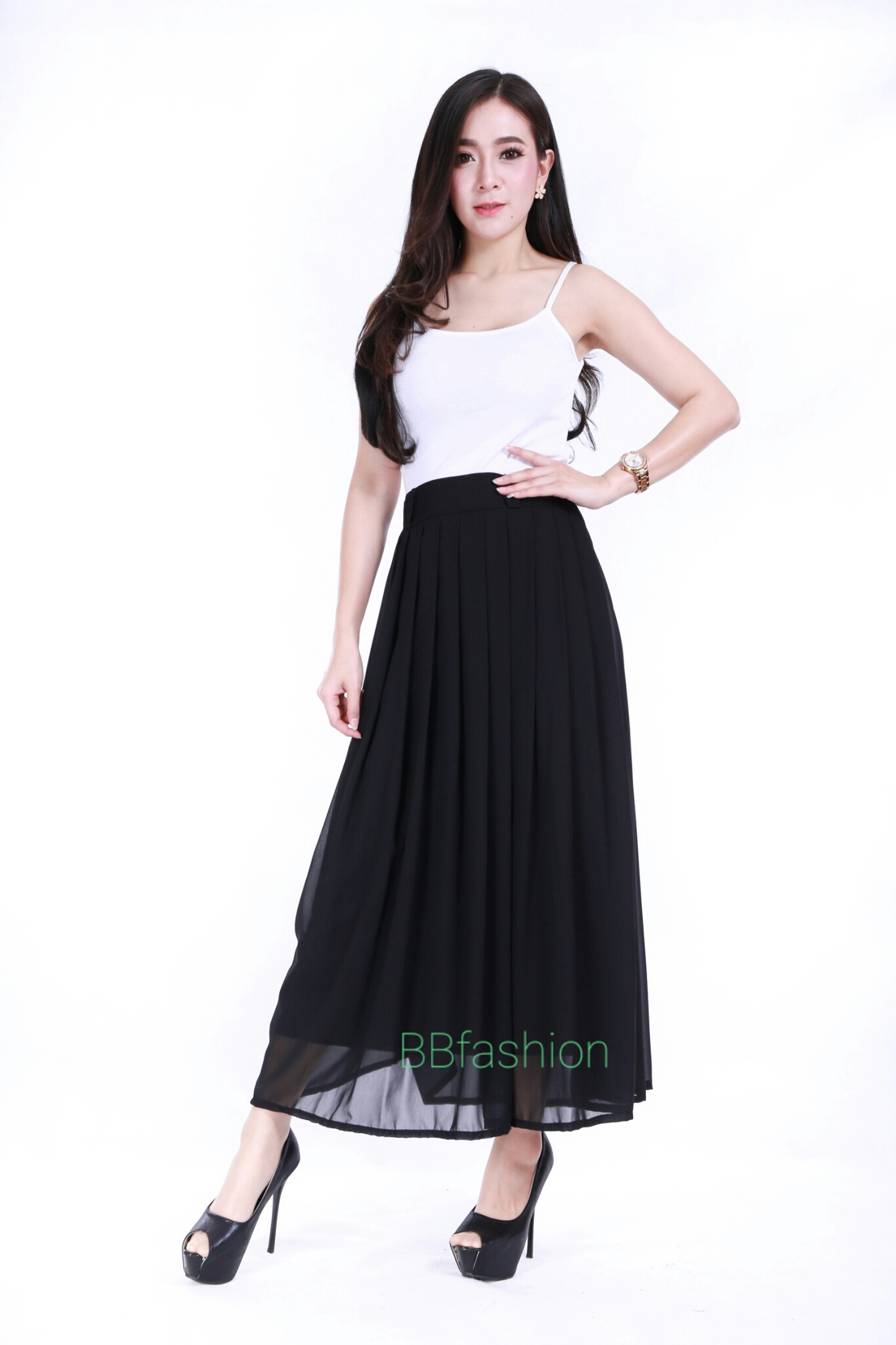 กระโปรงชีฟอง ยาว ทวิชหน้า (ไม่มีกระเป๋า) ขนาด Free size สีดำ