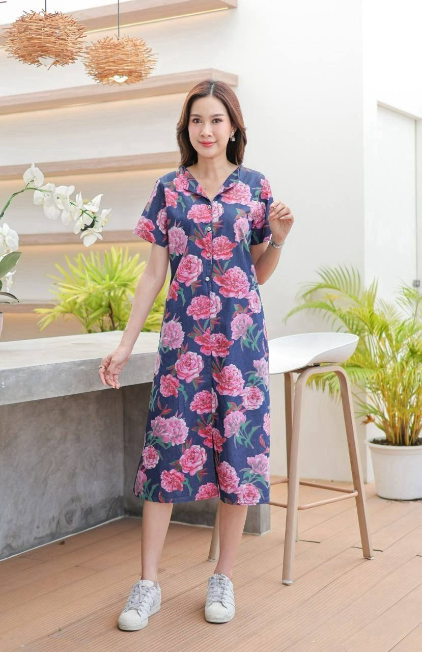 ชุดยีนส์ #8770 เดรสยีนส์พิมพ์ลายดอกไม้สวยหรู ผ้ายีนส์เนื้อนิ่มดีแบบสวย ใส่สบาย ใส่ได้หลายโอกาส