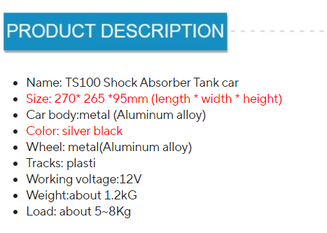 TS100 tank car,12V High torque motor,Aluminum Alloy Chassis/Frame
