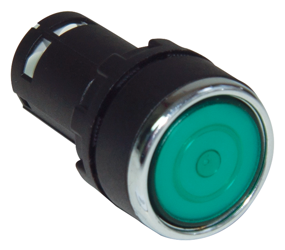 ปุ่มกดค้างหัวเรียบ 22mm. รุ่น MB102FY หน้าสัมผัส 1NO+1NC สีเขียว แบรนด์ EMAS