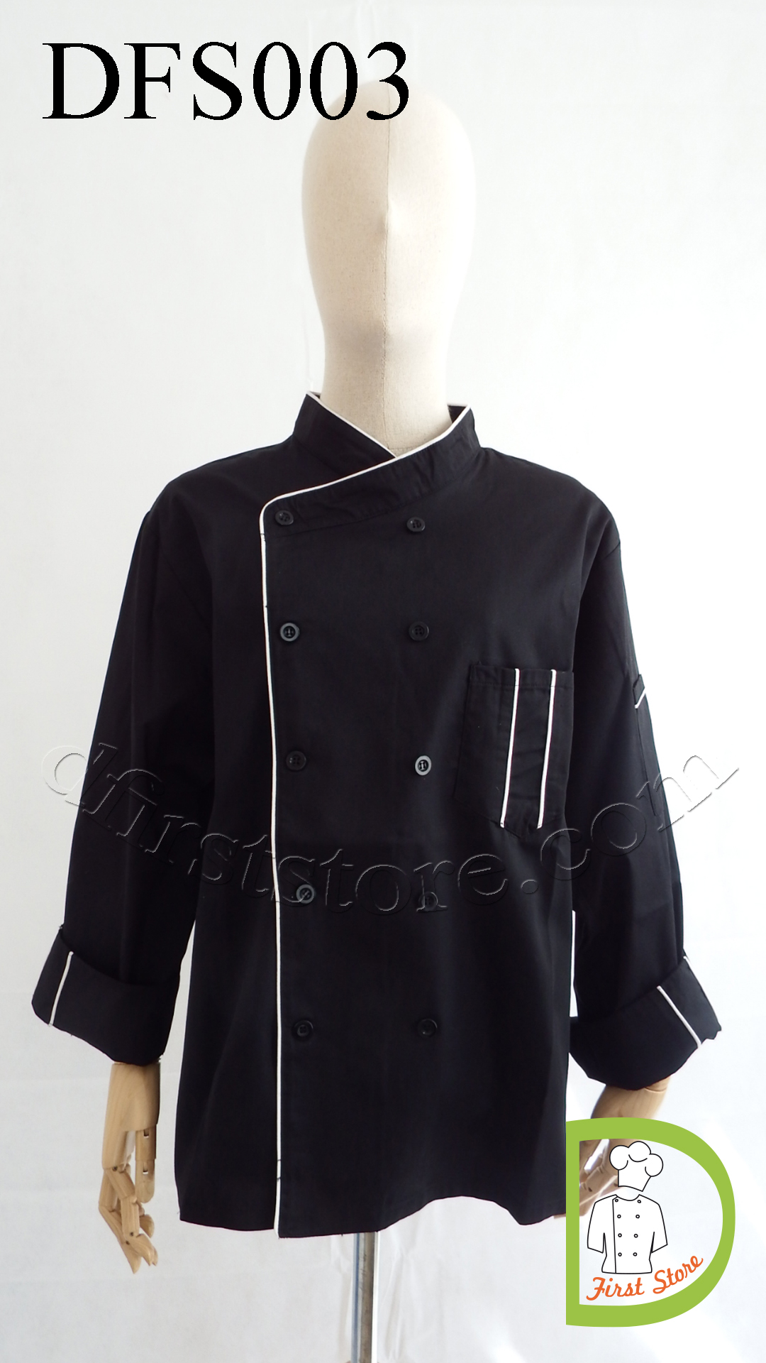 DFS003 Chef Jacket in black with white piping เสื้อเชฟสากล สีดำ คลิบขาว