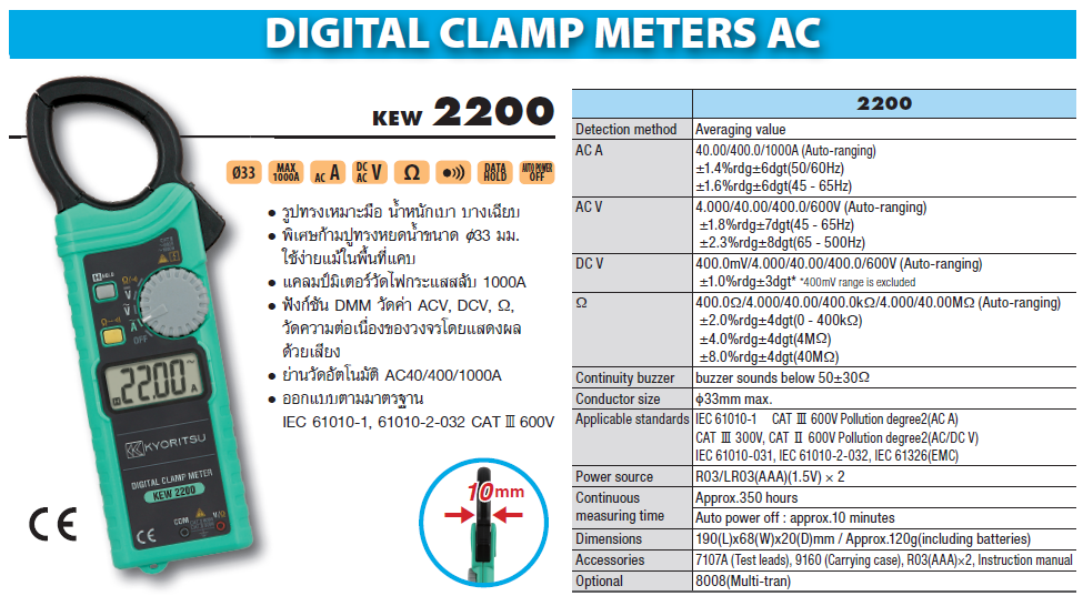 Kyoritsu แคล้มป์มิเตอร์แบบดิจิตอล รุ่น KEW 2200