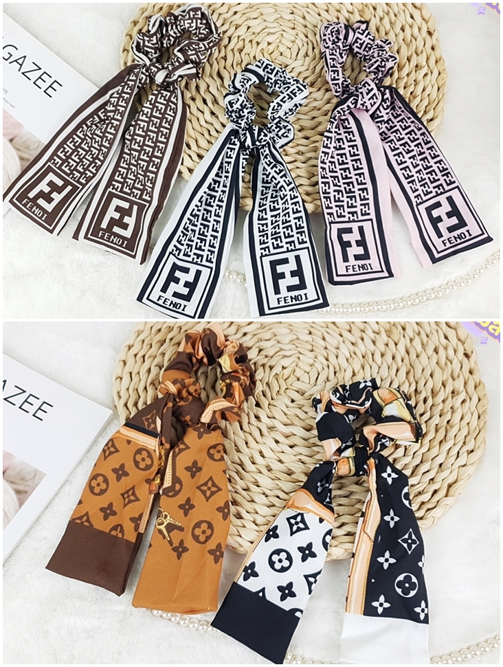 โดนัดรัดผมผ้า ผูกโบผ้า แบบเย็บปลาย พิมพ์ลาย ผ้าเป็นแบบผูก สามารถแกะออกได้ ขายส่ง เซต 8 ชิ้น