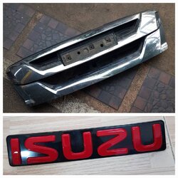 กระจังหน้า โครเมียม ISUZU DMAX ปี 2017(มือสอง) 1000 บาท และ โลโก้ ISUZU สีแดงพื้นดำ(ของใหม่)500 บาท