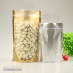 ถุงซิปล็อคก้นตั้ง หน้าขุ่น พื้นทอง หลังเงิน