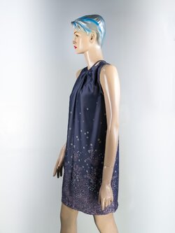 เดรสสีเทาม่วง พิมพ์ลายแฟนซี ลายน้ำ-นก-ดอกไม้ แนวpainting อก32 ฟรีค่าส่ง