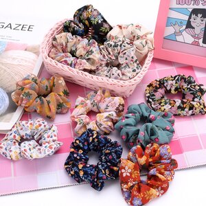 โดนัดรัดผม ผ้าพิมพ์ลาย ดอกไม้ เส้นผ่าศูนย์กลาง 10 ซ.ม. ขายส่ง เซต 10 ชิ้น คละสี