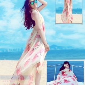 ผ้าชายหาด/ผ้าคลุมไหล่/ผ้าคลุมชุดว่ายน้ำ/ผ้าพันคอ เนื้อชีฟอง แฟชั่น ผืนใหญ่ สำหรับหน้าร้อน พื้นเหลือง ลายดอกไม้สีชมพู