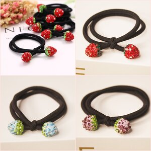 ยางรัดผม สีดำ ปลายติดสตรอเบอรี่ดินปั้นฝังเพชร ขายส่ง เซต 10 ชิ้น