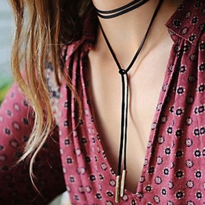 สร้อยคอโชคเกอร์ เชือกหนังสีดำ ยาว(มาก) ปลายติดเหล็กสีทอง