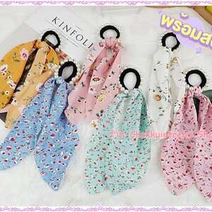 ยางรัดผม สีดำปักมุก ผูกโบผ้า พิมพ์ลาย ดอกไม้ ผ้าเป็นแบบผูก สามารถแกะออกได้ ขายส่ง เซต 10 ชิ้น