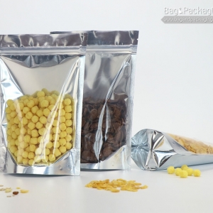 ถุงซิปล็อคก้นตั้ง หน้าใส หลังเงิน (รุ่นบาง)