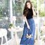 กระโปรงยีนส์ยาว ขนาด Free Size และ XXL สียีนส์เข้ม จากยีนส์ผ้านิ่ม แบบสวยใส่สบาย